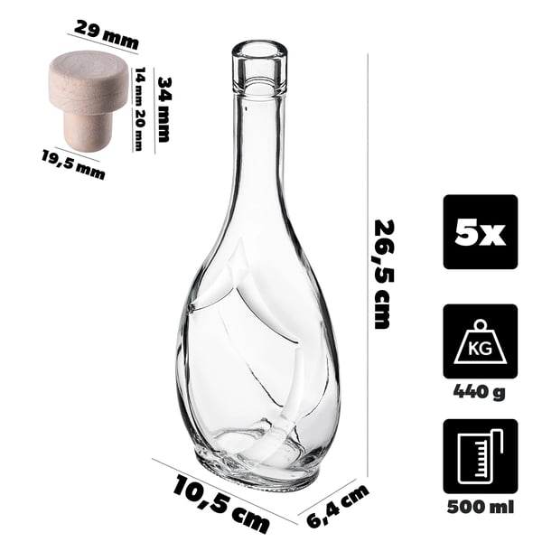 Glasflaske - Tinkturflaske - 500 ml - Syntetisk prop - 5-pak