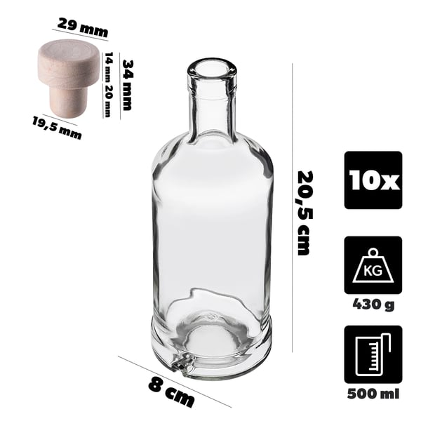 Glasflaskor för alkohol - Flaskset - 500 ml - Syntetkork - 10-pack - För sprit, vin, likör