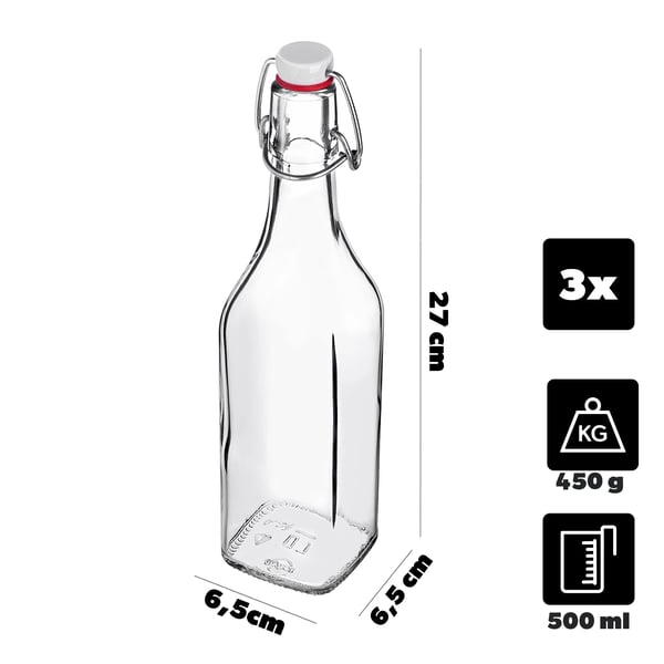 Glasflaske - Patentlukning (Swing Top) - 500 ml - Lufttæt - 3-pak
