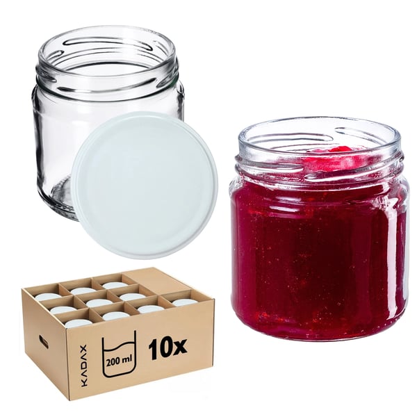 Glaskrukker - Konservesglas 200 ml - 10-pak - Skruelåg Ø66 mm - Til Honning & Syltetøj - Klart Glas