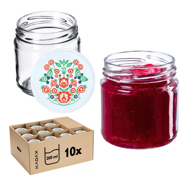 Glaskrukker - Sylteglas - Sæt 10 stk - 200 ml - Skruelåg Ø66 mm - Til syltetøj & honning - FCM-godkendte