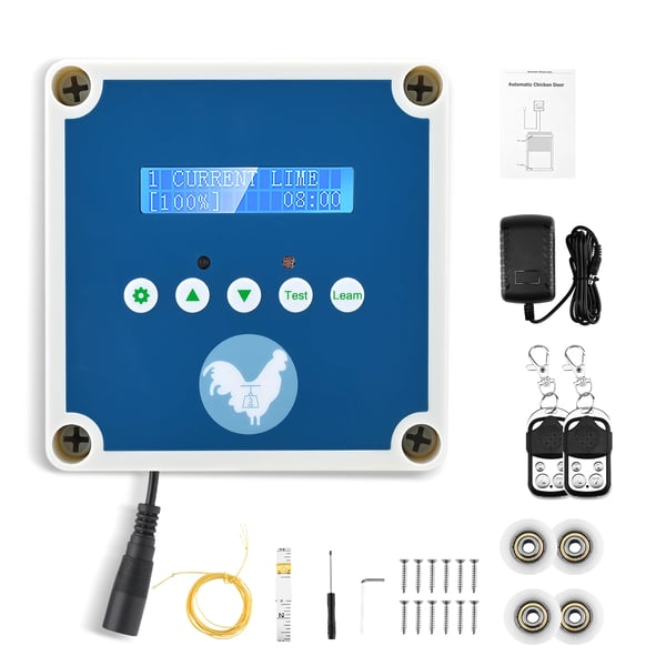 Automatisk hønsehusdør, døråbner med fjernbetjening, lyssensor & timer, 3 strømtilstande, solenergi, lyserød
