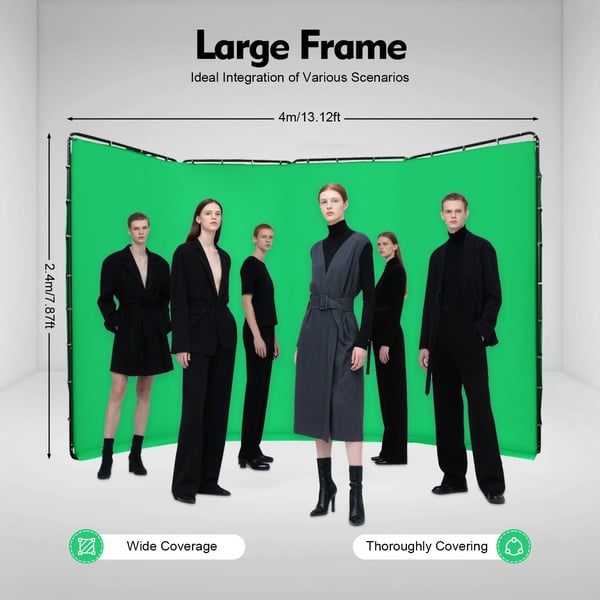 Studiobakgrund - Green Screen med stativ - 4 x 2,4 m - Chroma key - Polyesterduk - Golvstående metallstativ - Rörtjocklek 0,8 mm - Grön