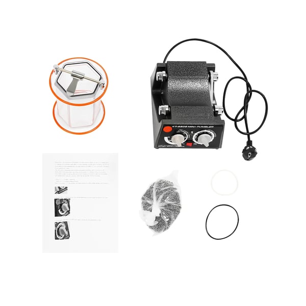 Roterende polermaskine til smykker - Tromlepolerer - 60W - 220V - 500–3000 o/min (5 trin) - Timer 0–60 min - Ekstra poleringskugler