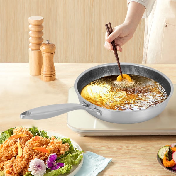 Stegepande med Bikubemønster - 28 cm - Rustfrit Stål - Non-stick Overflade - Til Induktion - Dybde 5,7 cm - Håndtag 21,7 cm - Lysegrå