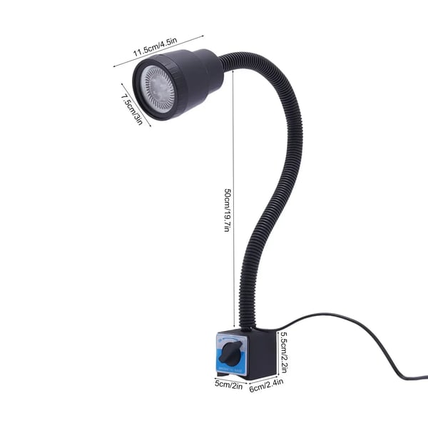 LED Arbejdslampe - Magnetfod Drejebænk-/CNC-lampe - 5 W, 220 V AC, Fleksibel svanehals 50 cm, 360° Rotation, 60–249 lm - Sort
