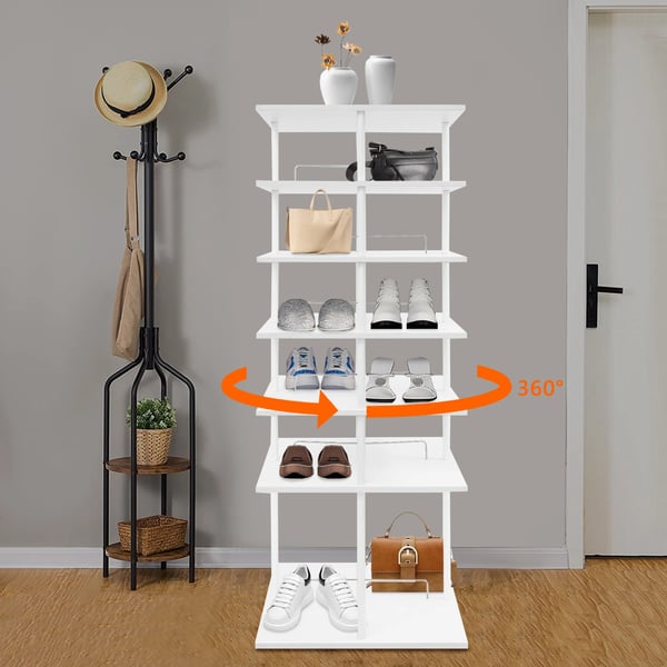 Pyörivä kenkähylly - Kenkätorni - 6 tasoa - 24 paria - 360° kääntyvä - 57×57×155 cm - Tasoväli 21/44 cm - Lattiamalli - Valkoinen