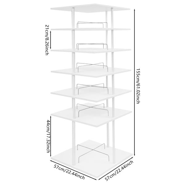 Pyörivä kenkähylly - Kenkätorni - 6 tasoa - 24 paria - 360° kääntyvä - 57×57×155 cm - Tasoväli 21/44 cm - Lattiamalli - Valkoinen