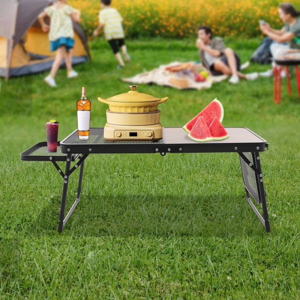 Campingbord - Fällbart utomhusbord - Höjdjusterbart - Aluminiumram + träskiva - Rektangulärt - Bär 30 kg - För 4 personer - Mörkbrun