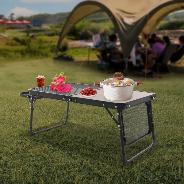 Campingbord - Fällbart utomhusbord - Höjdjusterbart - Aluminiumram + träskiva - Rektangulärt - Bär 30 kg - För 4 personer - Mörkbrun