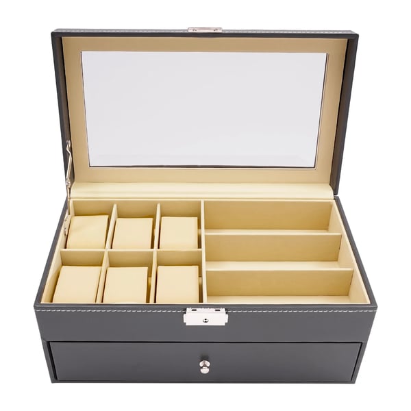 Ur- og solbrilleboks - Smykkeopbevaring - 6 urpladser - 9 rum til solbriller - Display - Sort