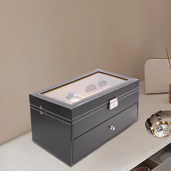 Ur- og solbrilleboks - Smykkeopbevaring - 6 urpladser - 9 rum til solbriller - Display - Sort