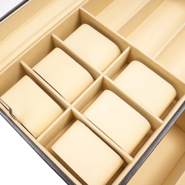 Ur- og solbrilleboks - Smykkeopbevaring - 6 urpladser - 9 rum til solbriller - Display - Sort