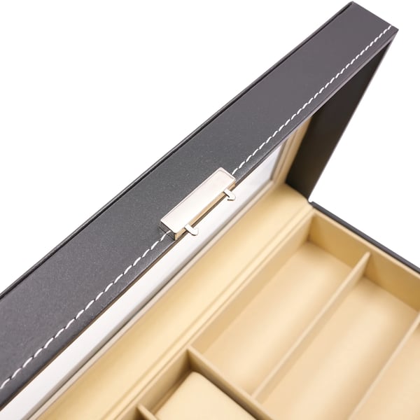 Ur- og solbrilleboks - Smykkeopbevaring - 6 urpladser - 9 rum til solbriller - Display - Sort