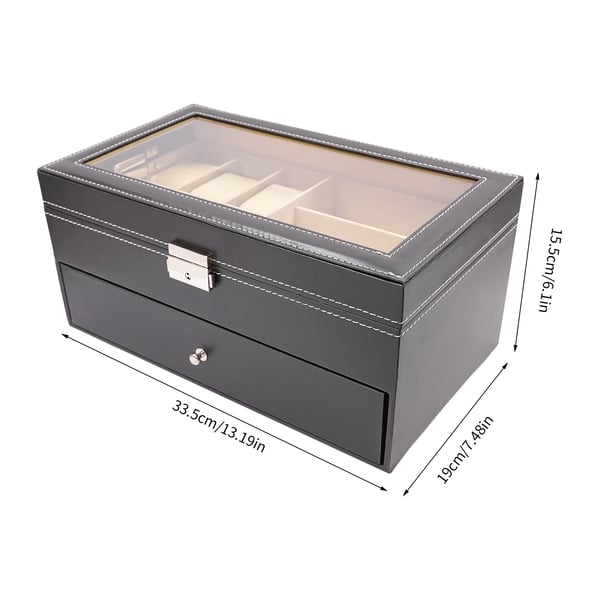 Ur- og solbrilleboks - Smykkeopbevaring - 6 urpladser - 9 rum til solbriller - Display - Sort