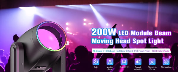 LED Moving Head 200 W - DMX lavavalo - 16/22 kanavaa DMX512/RDM - 90–240 V - 1×200 W LED + 31×0,2 W RGB - EU-pistoke