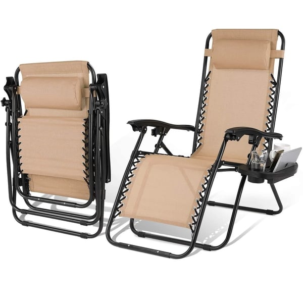 Aurinkotuoli & Retkituoli - Zero Gravity Lepotuoli - Taitettava - Kannettava - Mukiteline - Käsinojat - Enimmäiskuorma 140 kg - Beige
