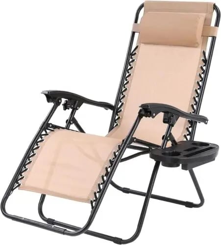 Solstol & Campingstol - Zero Gravity Liggestol - Sammenklappelig - Bærbar - Med kopholder - Med armlæn - Maks belastning 140 kg - Beige