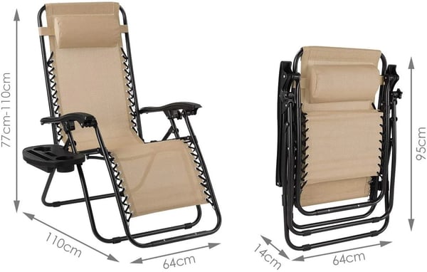 Solstol & Campingstol - Zero Gravity Liggestol - Sammenklappelig - Bærbar - Med kopholder - Med armlæn - Maks belastning 140 kg - Beige