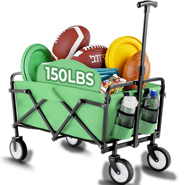 Hopfällbar vagn - Trädgårdsvagn/Transportvagn - 60 kg Maxlast - 4 Hjul, Justerbart Handtag - Mått 73x47x24 cm - Stålram, Oxford-tyg - Grön