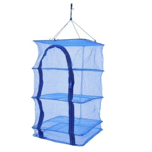Ripustettava kuivausverkko - Pyöreä 4-tasoinen - Taittuva - Mitat Ø 35 cm, Korkeus 65 cm - Kantavuus 10 kg - PE-verkko, Teräslankarunko - Sininen