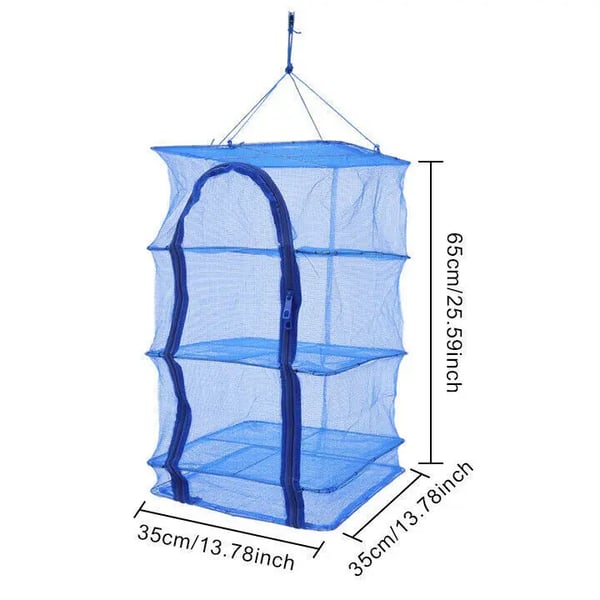 Ripustettava kuivausverkko - Pyöreä 4-tasoinen - Taittuva - Mitat Ø 35 cm, Korkeus 65 cm - Kantavuus 10 kg - PE-verkko, Teräslankarunko - Sininen
