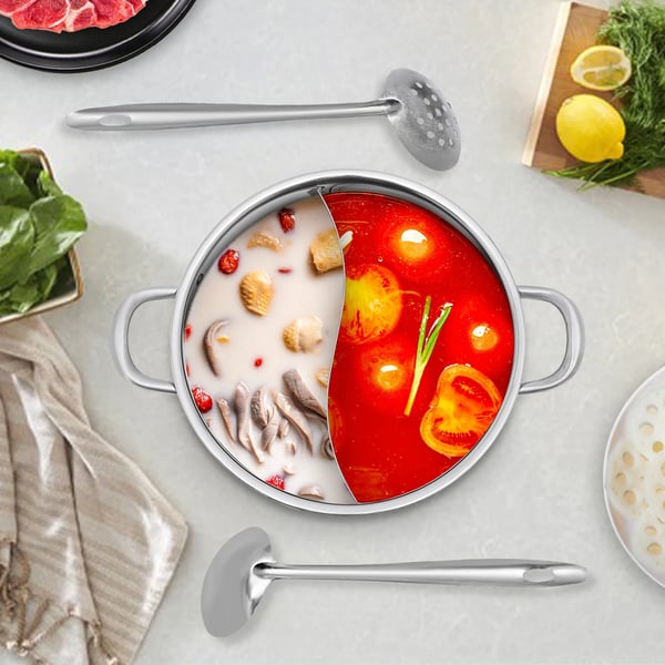 Hotpot/Fondue-pata - Jaettu Yin-Yang - 32 cm - 304 Ruostumatonta Terästä - Lusikoilla - Armeijanvihreä