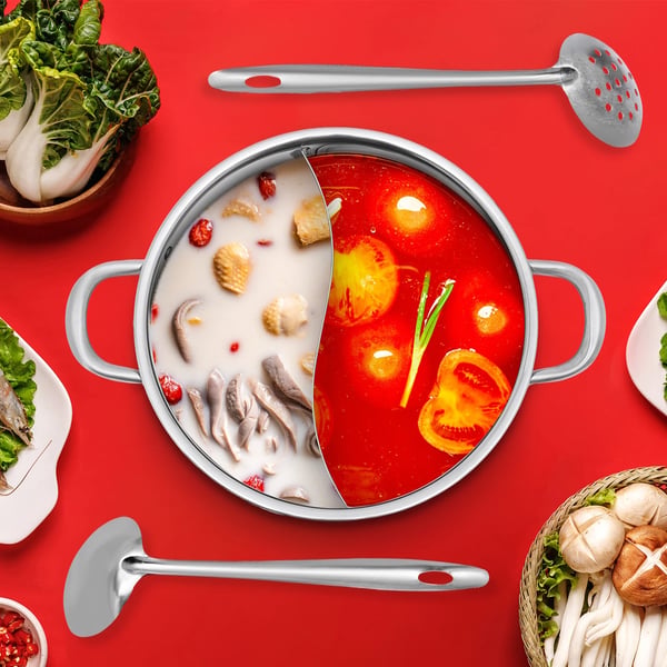 Hotpot/Fondue-pata - Jaettu Yin-Yang - 32 cm - 304 Ruostumatonta Terästä - Lusikoilla - Armeijanvihreä