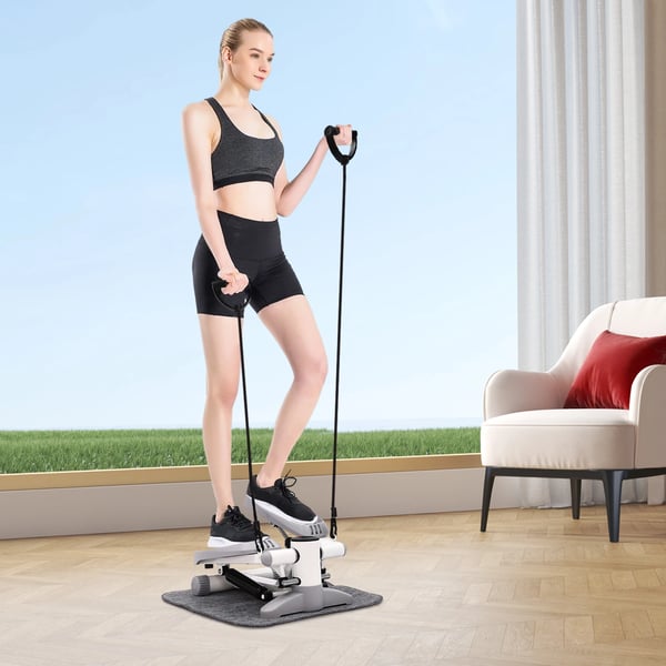 Stepmaskine til hjem og kontor - Multifunktionel mini stepper - Med modstandsbånd - Maks 150 kg - 38° pedalhældning - LCD kalorietæller - Grå