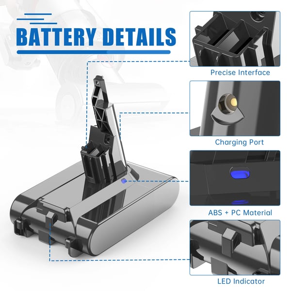 Dyson V7 (SV11) erstatningsbatteri, lysegrå, 6000 mAh 6.0 Ah, til Motorhead, Animal Pro, Trigger ledningsfri støvsuger