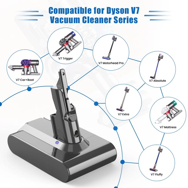 Dyson V7 (SV11) erstatningsbatteri, lysegrå, 6000 mAh 6.0 Ah, til Motorhead, Animal Pro, Trigger ledningsfri støvsuger