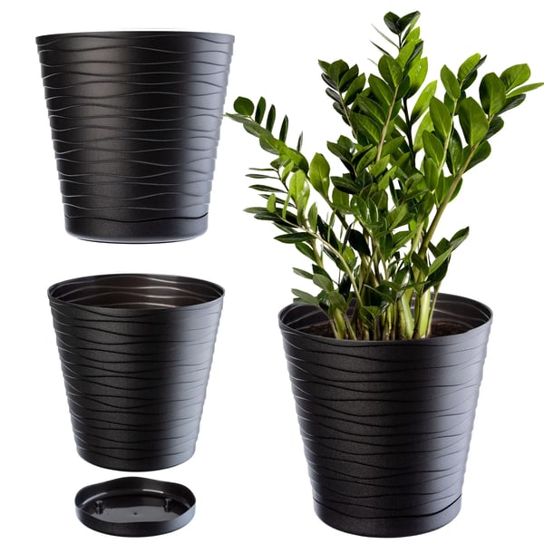 Blomkruka - Plastkruka med fat - Liten 13 cm diameter - Lätt och hållbar - Svart