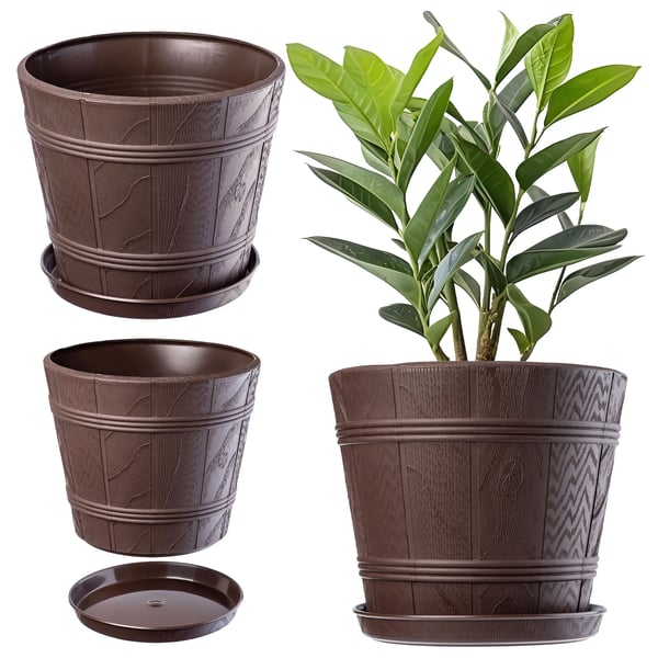 Blomsterkrukke - Urtepotte - 30 cm - Plast - Trælook - Brun