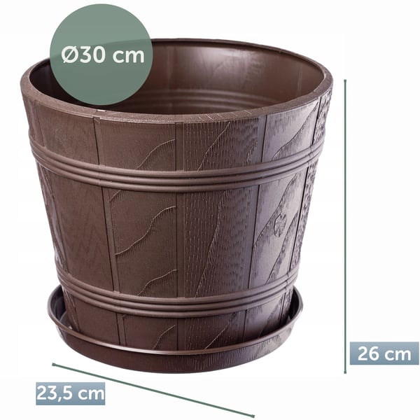 Blomsterkrukke - Urtepotte - 30 cm - Plast - Trælook - Brun