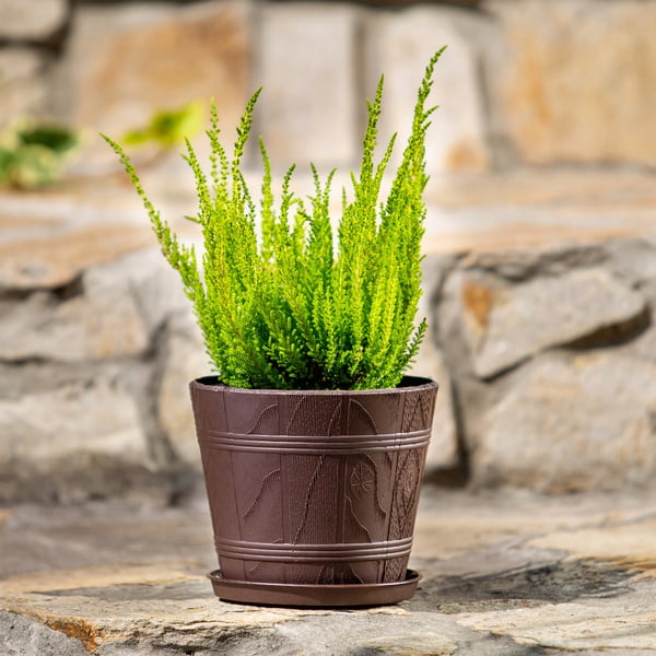 Blomsterkrukke - Urtepotte - 30 cm - Plast - Trælook - Brun