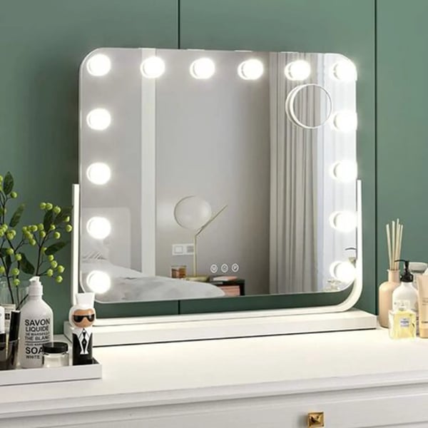Hollywood meikkipeili - 14 LED - Himmennettävä 3 valotilaa - Kosketusohjaus - 360° kääntyvä - USB-lataus - 20 cm suorakulmainen metallirunko