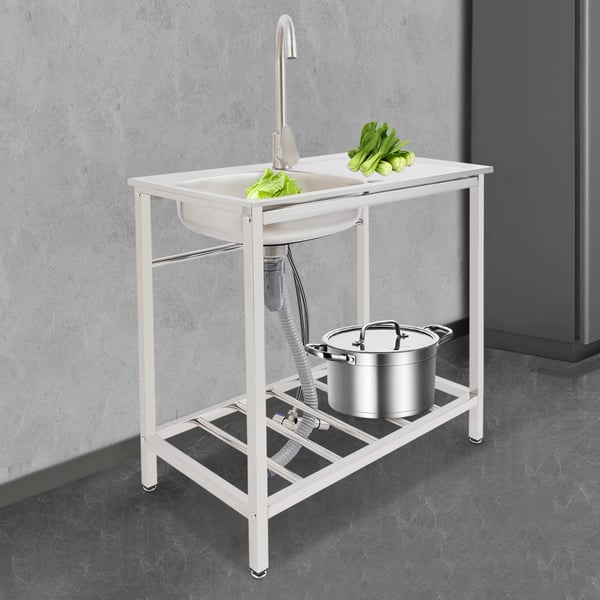 Vask på stativ - Enkeltkumme - 42×37×83 cm - Rustfrit stål - Med vandhane, afløbsrør, filterkurv - Sølv