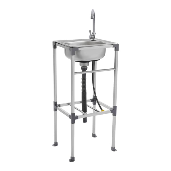 Diskho på stativ - Enkelho - 42×37×83 cm - Rostfritt stål - Med kran, avloppsrör, filterkorg - Silver