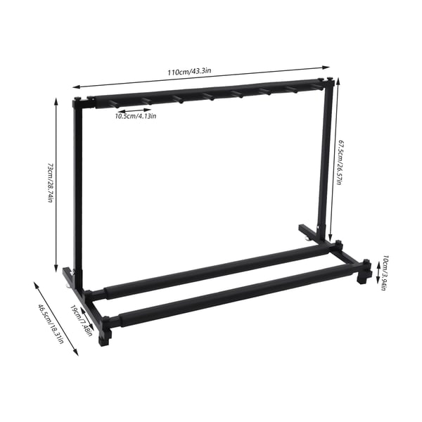 Guitarstativ - Gulvstativ til 7 guitarer - Robust jernramme - Skum/gummi-polstring - 110×46,5×73 cm - Holderafstand 10,5 cm - Sort