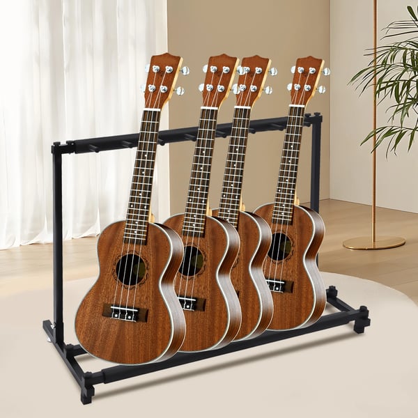 Guitarstativ - Gulvstativ til 7 guitarer - Robust jernramme - Skum/gummi-polstring - 110×46,5×73 cm - Holderafstand 10,5 cm - Sort