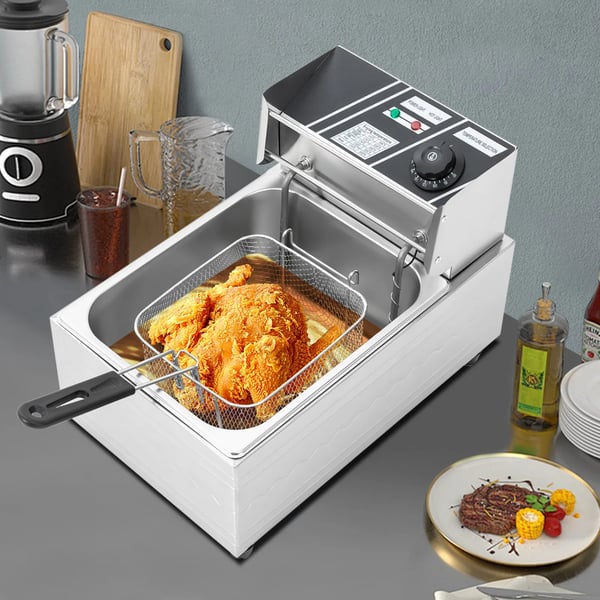 Frituregryde - Elektrisk fritøse - 6 L - 2500 W - 60–200°C termostat - Rustfrit stål - Koldzone-teknologi - Kurv og låg