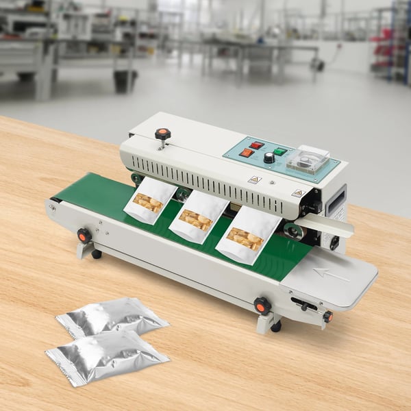 Pakkausten suljin - Jatkuvatoiminen nauhasuljin - Automaattinen - Vaakasuora - 220 V 50–60 Hz - 500 W - 0–300 °C - 12 mm saumaleveys