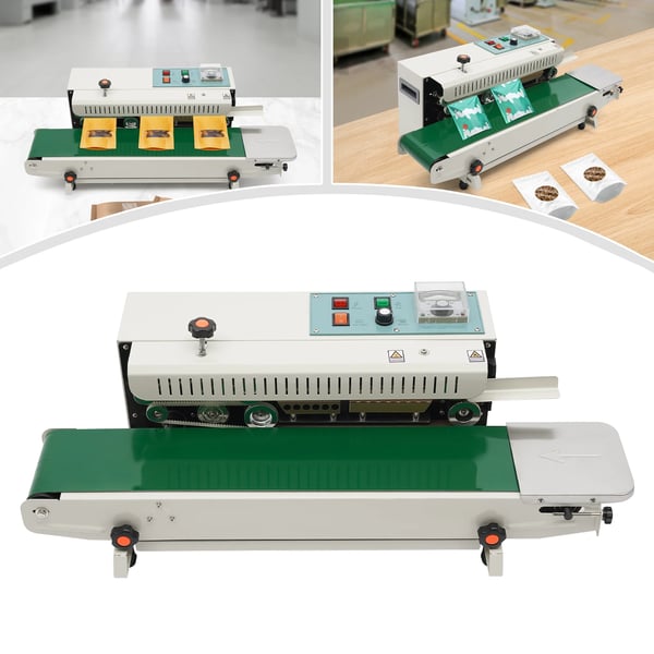 Pakkausten suljin - Jatkuvatoiminen nauhasuljin - Automaattinen - Vaakasuora - 220 V 50–60 Hz - 500 W - 0–300 °C - 12 mm saumaleveys