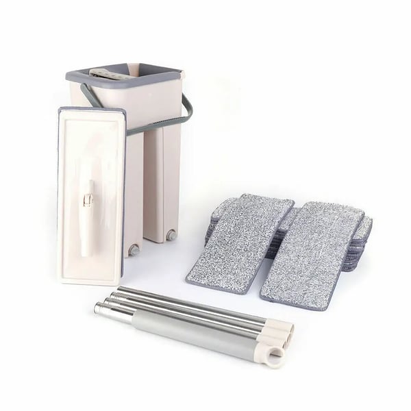 Moppset med hink - Platt golvmopp - 10 mikrofiberpads - Stålskaft - Syntetiskt mopphuvud - Vit Moppset med hink - Platt golvmopp - 10 mikrofiberpads - Stålskaft - Syntetiskt mopphuvud - Vit