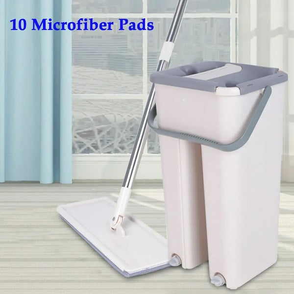Mopsæt med spand - Fladmoppe - 10 mikrofiberklude - Stålskaft - Syntetisk moppehoved - Hvid