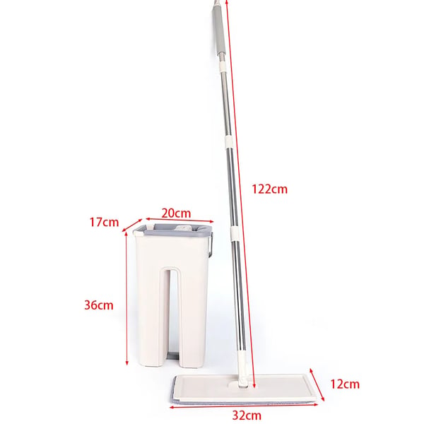 Mopsæt med spand - Fladmoppe - 10 mikrofiberklude - Stålskaft - Syntetisk moppehoved - Hvid