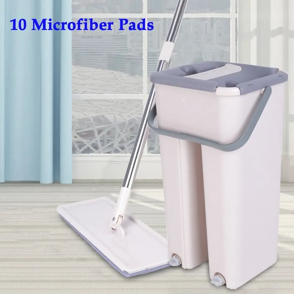 Mopsæt med spand - Fladmoppe - 10 mikrofiberklude - Stålskaft - Syntetisk moppehoved - Hvid