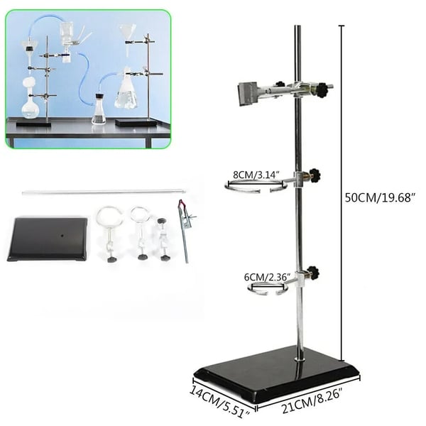Laboratoriestativ Sæt - Retortstativ - Jern, Stang 50 cm, Bundplade 19x12 cm, Klemmeholder, Kemi - Sort