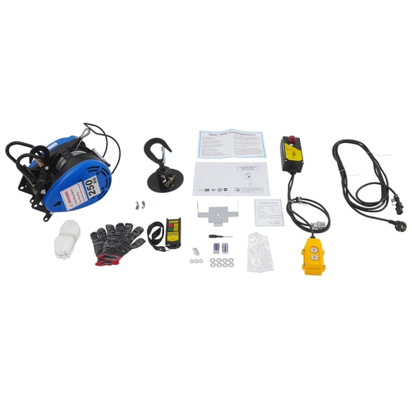 Elektrisk talje/spil - Portabel - 1500 W 220 V - 200 kg løftekapacitet - Fjernbetjening & kabelstyring - IP40 - Kobbermotor - Blå