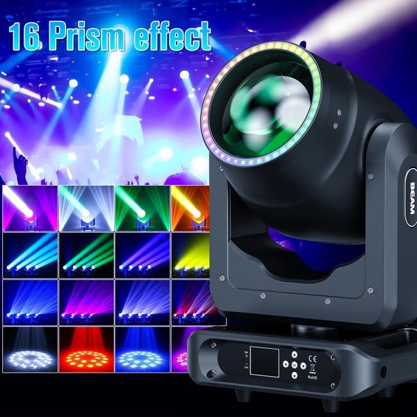 LED Moving Head Beam - 200B 200W - DMX512/RDM 20 Kanaler - LED 1×100W + 44×5050 RGB - 90–240V EU-kontakt - 8+16 Prismor Regnbåge - Scen & DJ